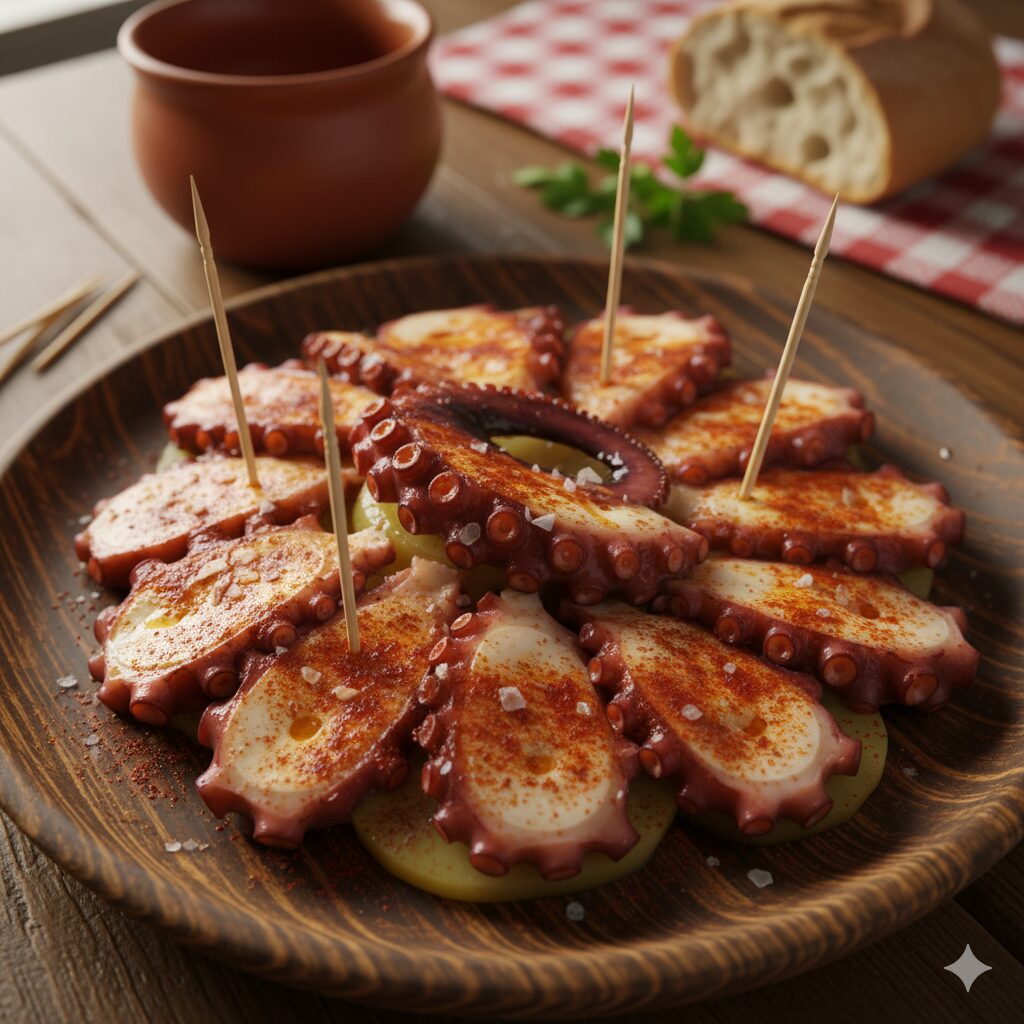 Pulpo a feira, en plato de madera en taberna tradicional gallega
