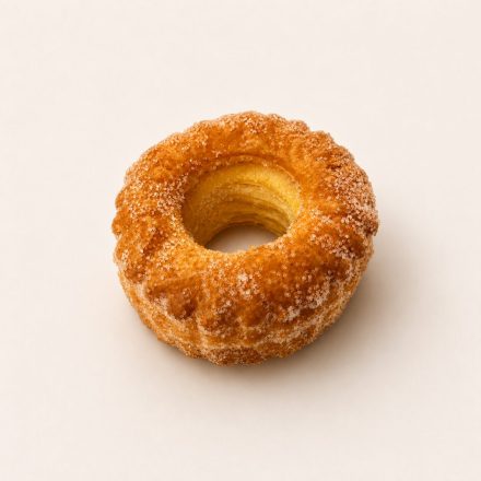 Rosquilla de hojaldre artesanal con su característico glaseado de azúcar crujiente, mostrando las finas capas de la masa.