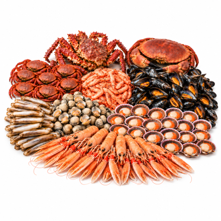 mariscada 6 y 8: Centolla: 1,5 kg, cocida. Buey de mar: 1,5 kg, cocido. Nécoras: 8 unidades, cocidas. Camarones: 500 g, cocidos. Cigalas: 1 kg, cocidas. Zamburiñas: 24 unidades, para preparar al momento. Navajas: 500 g, para preparar al momento. Berberechos: 1 kg, para preparar al momento. Mejillones gallegos: 5 kg, para preparar al momento.