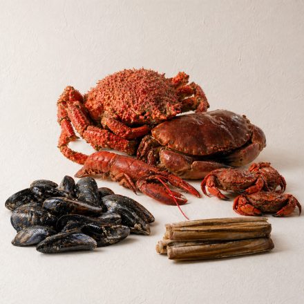 Vista de los componentes de la mariscada sobre un fondo neutro, incluyendo centollo, cigalas y langostinos de alta calidad.
