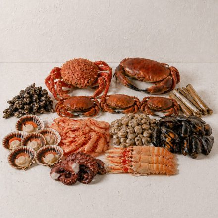 Composición de marisco premium sobre fondo neutro, destacando el calibre superior de las cigalas, el centollo y los langostinos que forman la mariscada especial