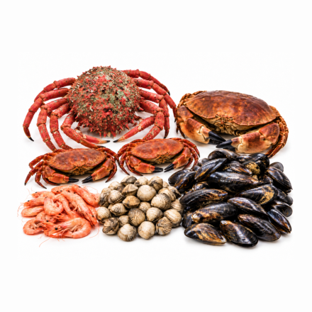 Mariscada gallega para 2 y 4 personas con centolla, buey de mar, nécoras, camarones, berberechos y mejillones.
