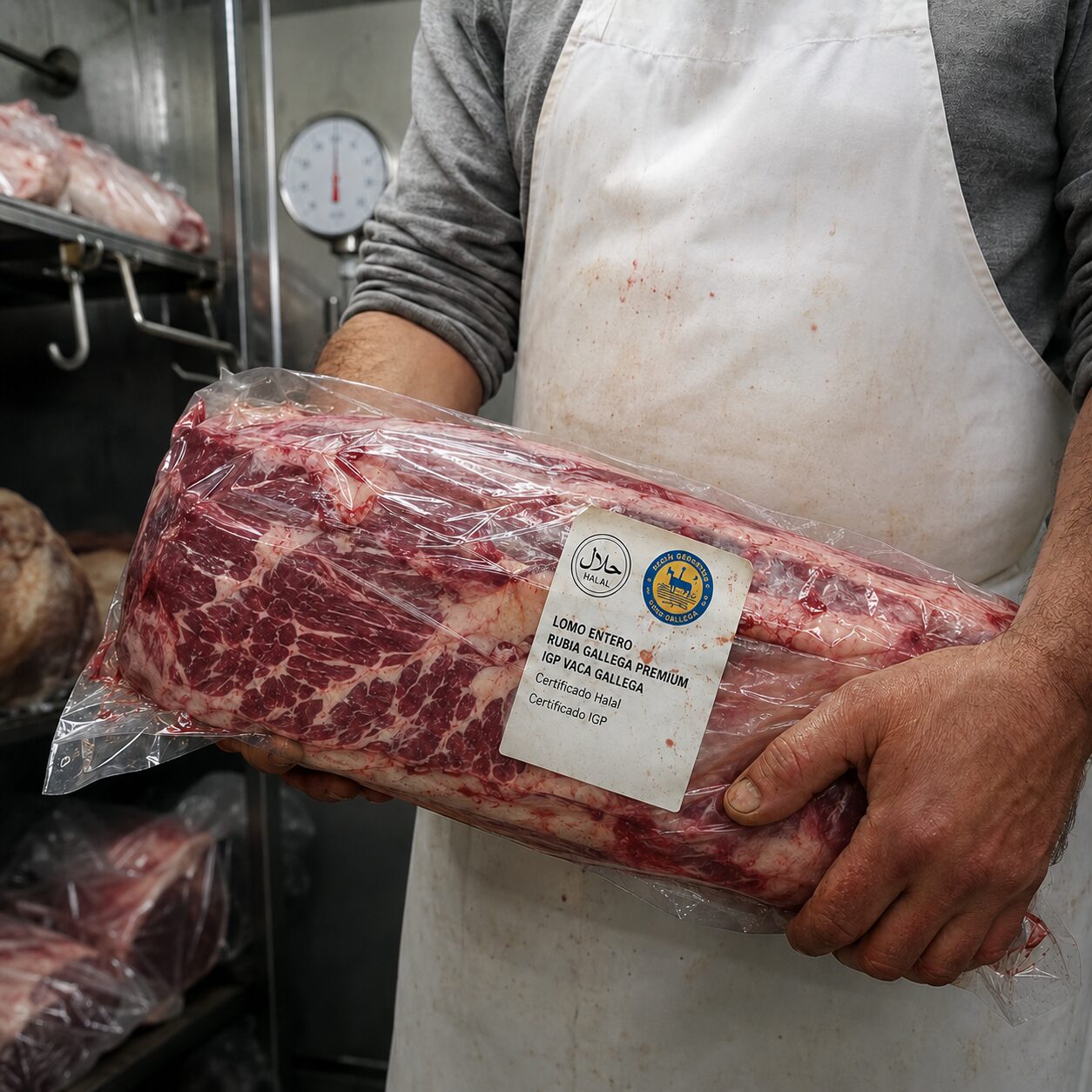 Un carnicero experto sostiene un gran corte de carne Rubia Gallega con certificación Halal en un entorno profesional de carnicería.