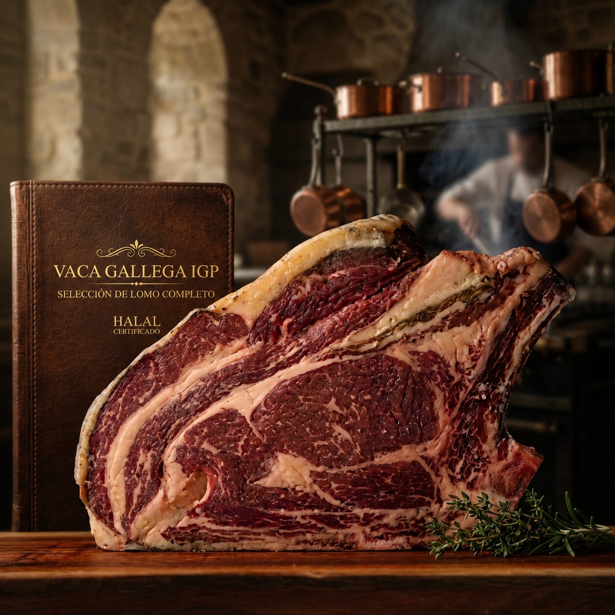 Corte de carne Rubia Gallega Halal sobre una tabla de cocina, destacando el marmoleo y la frescura de la pieza.