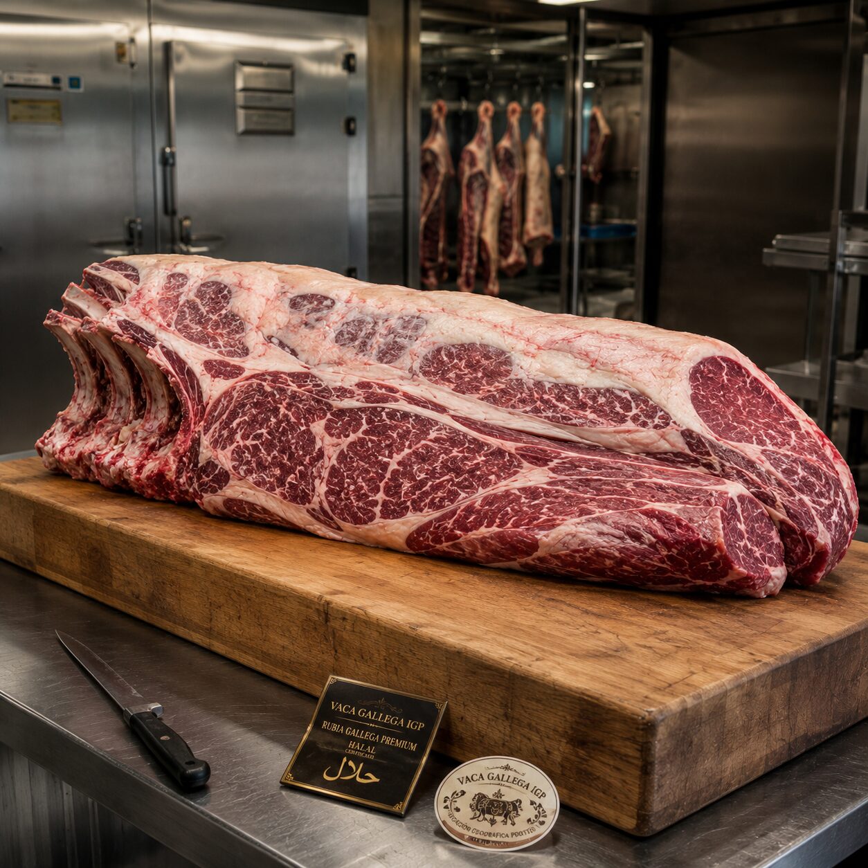 Lomo alto entero de vaca Rubia Gallega con certificación Halal, mostrando la cobertura de grasa natural y el gran formato de la pieza.