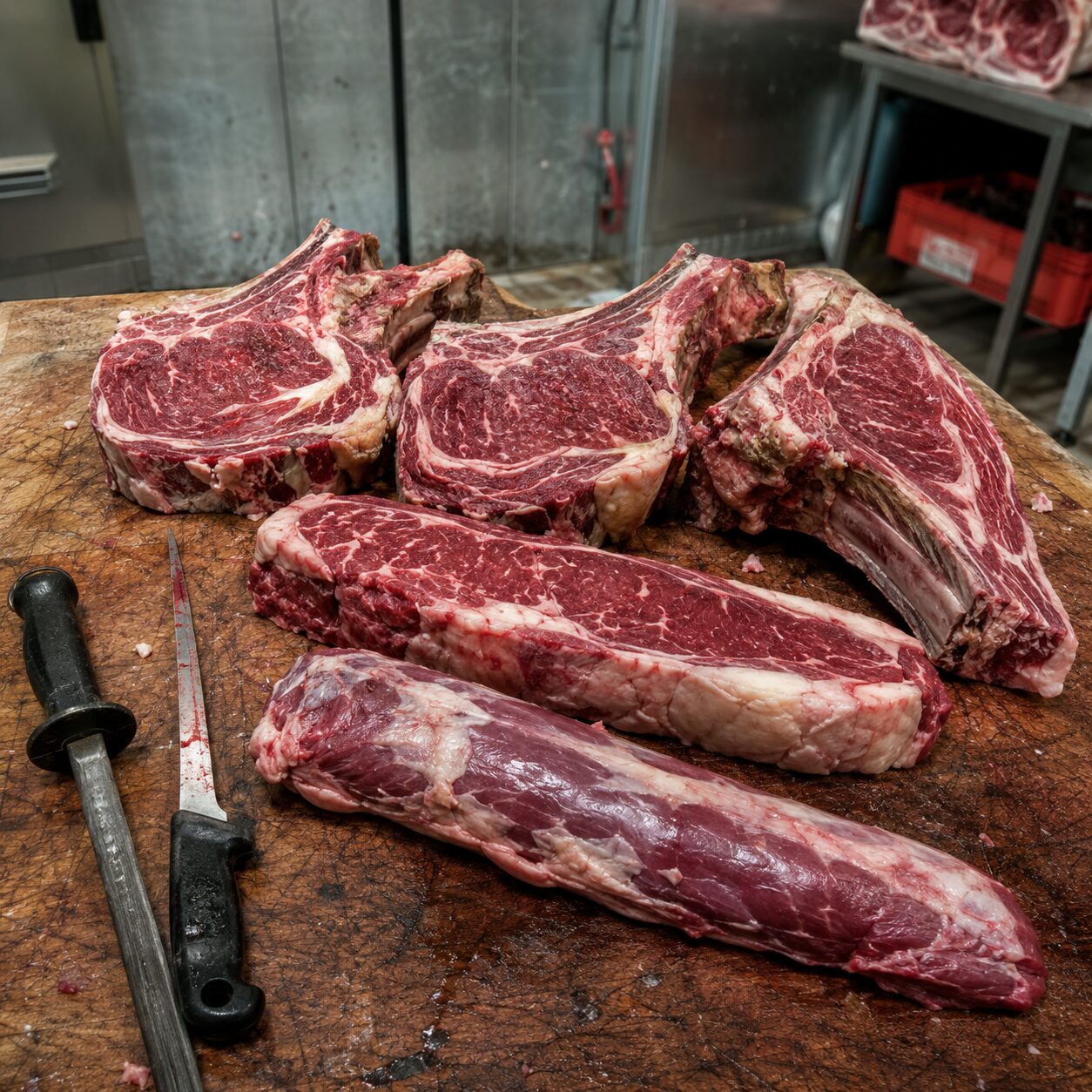 Filetes de vaca Rubia Gallega Halal recién cortados, mostrando el veteado de grasa y la frescura de la carne roja.