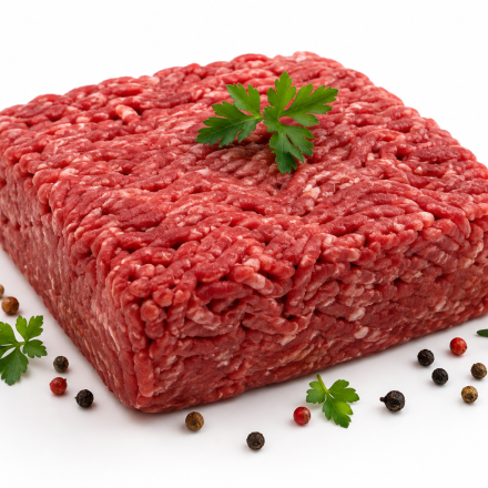 Carne picada halal presentada en una porción cuadrada.